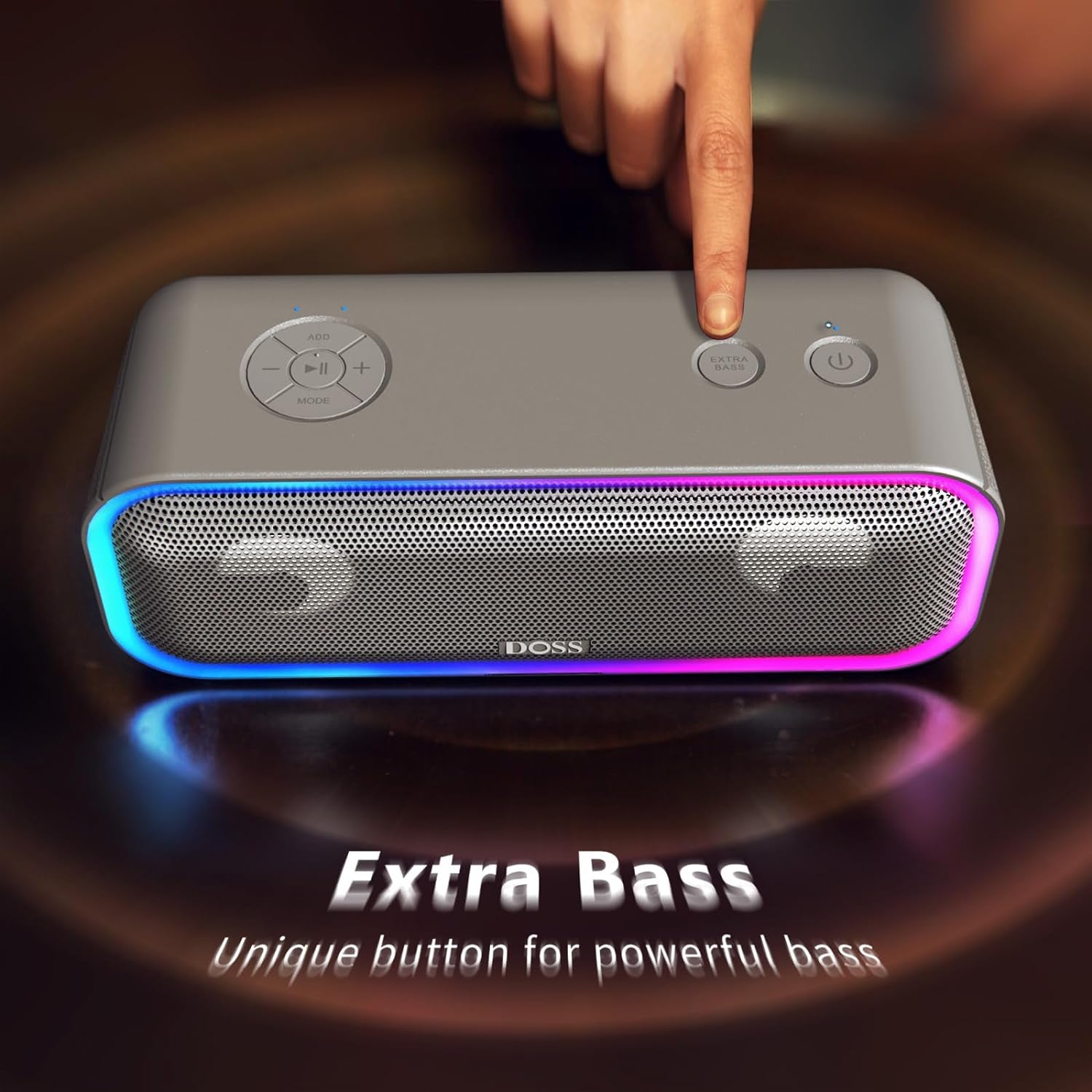 Soundbox Pro+ Bluetooth Speaker with 24W Impressive Sound, Booming Bass, IPX6 Waterproof, 15Hrs Playtime, Wireless Stereo Pairing, Mixed Colors Lights, 66 FT- Grey