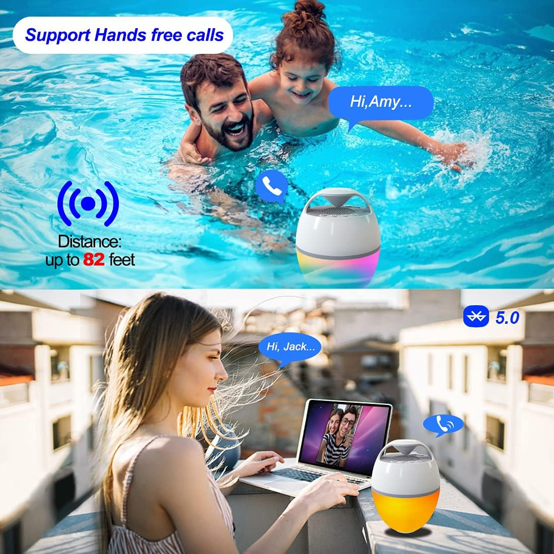 Floating Pool Speaker with Lights, Portable Bluetooth Pool Speakers IP68 Waterproof Hot Tub Speaker for Outdoor Pool Sports Home Party, Louder Volume, Rich Bass, Mic, 82 Ft Wireless Range